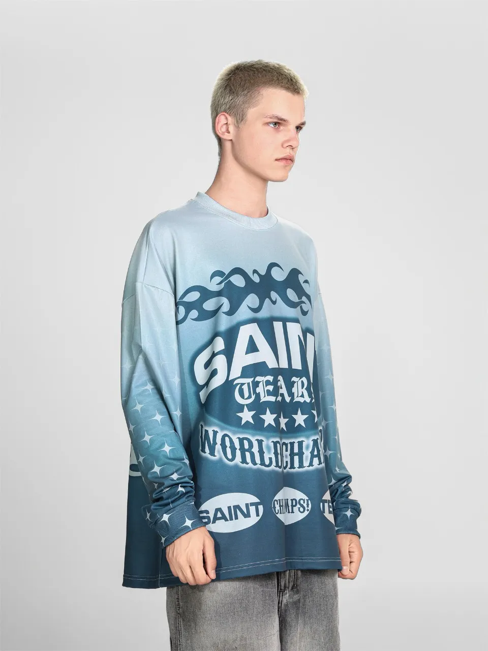 Saint michael tears all-over printed long-sleeved vintage autumn and winter T-shirt Style number: 104 Size: M L XL Wholesale price: 136 Color: green blue